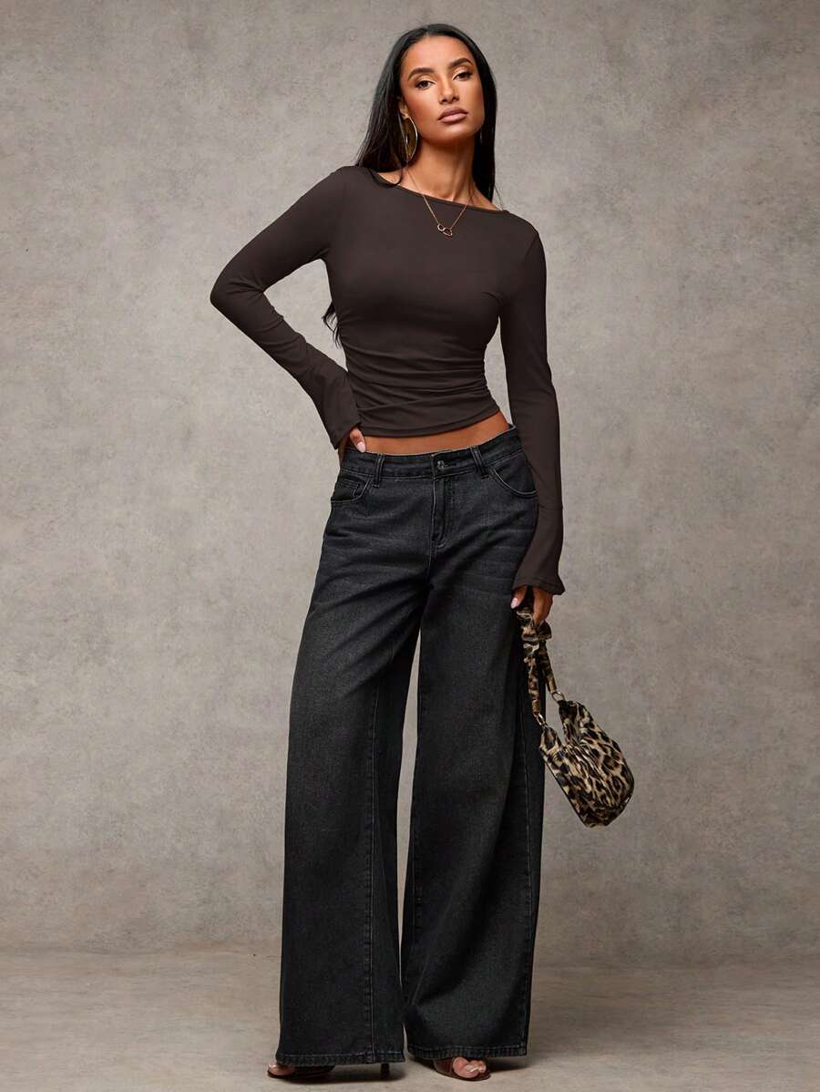 SHEIN BAE Elastic Knitted Open Back Trumpet Sleeve Top, Party Women Tops,Basic Long Sleeve Top - Coffee Brown - View 1