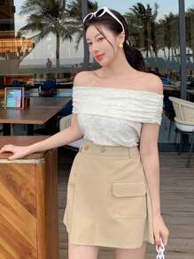 DAZY Women Off Shoulder Fitted One-Shoulder Short Sleeve Solid Color T-Shirt, Spring/Summer - White - View 6