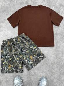 SHEIN 2 件套青少年男孩休闲英式印花短袖 T 恤和短裤套装，街头服饰朋克摇滚校园风格，适合春夏户外、派对、音乐节 - 彩色 - 查看 2