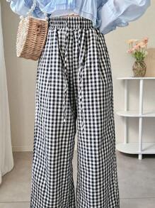 FRIFUL 女士格纹高腰休闲七分裤，春夏 - 黑與白 - 查看 4