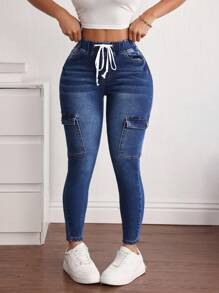SHEIN PETITE Women's Casual Drawstring Waist Slim Fit Cargo Jeans - Blue - View 4