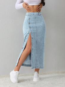 SHEIN Tall 女士牛仔半身裙休闲宽松侧开叉蓝色中裙高腰女裙浅蓝色短裙蓝色裙子冬季女装 - 淺色水洗藍 - 查看 7