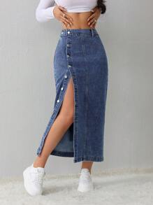 SHEIN Tall 女士牛仔半身裙休闲宽松侧开叉蓝色中裙高腰女裙浅蓝色短裙蓝色裙子冬季女装 - 深色水洗藍 - 查看 7