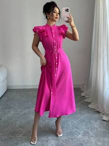 Elenzga New Solid Color Ruffle Collar Puff Sleeve Cinched Cinched Waist Shift Dress For Women - Hot Pink - View 6
