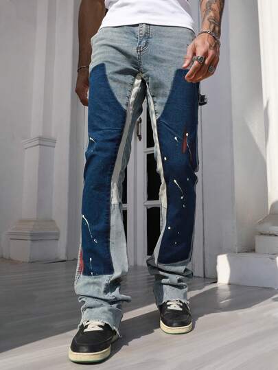 Grunge Punk Jeans décontractés et polyvalents à jambe droite avec blocs de couleurs sur les poches pour hommes