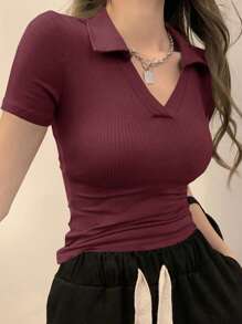 DAZY 女式罗纹简约修身 Polo 领短袖 T 恤夏季