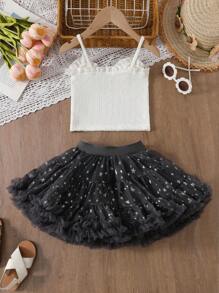 SHEIN 2 pièces set : Top court texturé et jupe tutu, style élégant jeune fille - Blanc - Voir 2