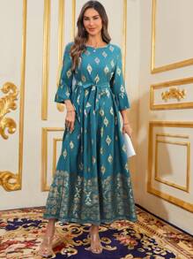 EMERY ROSE Women's Round Neck Printed Pleated Simple Casual Long Dress - Multicolor - View 6