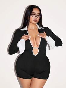 SHEIN ICON Plus Size Color Block Polo Collar Shirt With Split, Long Sleeve Tight Fitting Backless Lace-Up Jumpsuit - Black and White - View 4