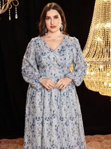 Modelyn Women's Plus Size V-Neck Lantern Sleeve Keyhole Front Cutout Floral Print Elegant Romantic Dress - Multicolor - View 3