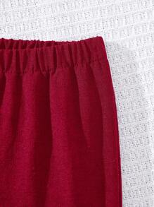 SHEIN Baby Girl Cute Retro Burgundy Long Sleeve Top & Elastic Waist Pants 2pcs Set, Spring/Summer