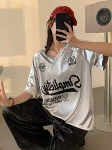 DAZY Conjunto de 2 piezas de top de manga corta y pantalones con estampado de letras para mujeres