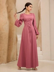 Graceveil 女士洋红色圆领长袖弹性袖口前系腰连衣裙 - 紅色 - 查看 4