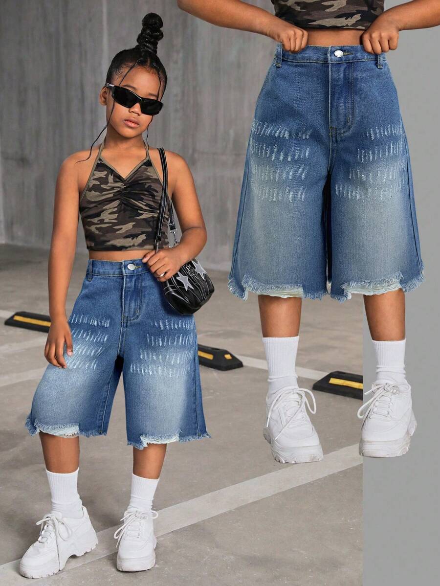 SHEIN Tween Girl Casual Ripped Loose Denim Shorts - Medium Wash - View 1