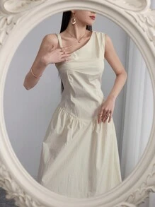 Modelyn Women's Elegant Solid Color Asymmetric Neck Long Dress - Apricot - View 3