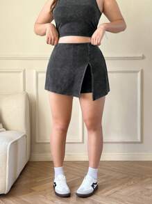 SHEIN EZwear Quần short đen giặt axit cỡ lớn cho nữ có đường xẻ bên hông - màu đen - Xem 5