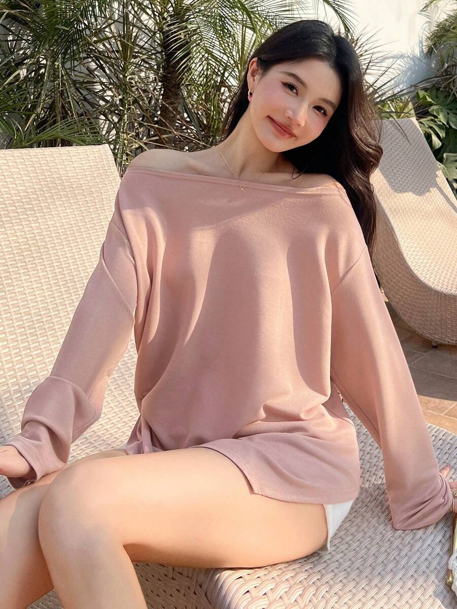 DAZY 女式超大圆领透视茧型束腰长袖沙滩 T 恤，粉色，春夏春季时尚，秋季女装