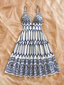 Soleia Tropical Floral Print Hollow V-Neck A-Line Backless Midi Dress For Women, Suitable For Holiday, Date, Valentine's Day Afternoon Tea, Vacation, Music Festival, Bohemian Style - Blue and White - View 5