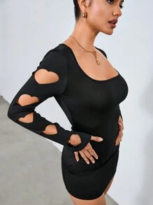 Chiquease Women's Fashion Laser Cut Heart Cutout Long Sleeve T-Shirt