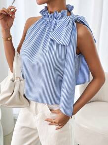 SHEIN Clasi Women Striped Ruffle Collar Bowknot Sleeveless Blouse, Spring & Summer - Blue - View 4