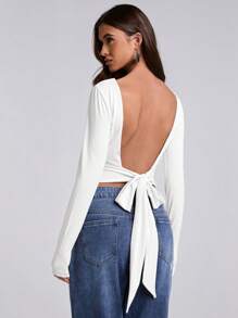 SHEIN BAE Women's Solid Color Date Night/Bachelor Party/Cocktail Party/Back To School Season/Concert/Rave Party/Fashion High Street Outing/Sexy Backless Bowknot Simple Pleated T-Shirt/Concert Women/Sexy Top - White - View 1