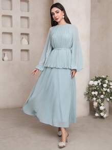Veilorie Women's Solid Color Pleated Raglan Sleeve Elegant Arabian Style Long Dress - Mint Green - View 5