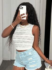 BamGleam Top corto de mujer de unicolor con encaje y calado