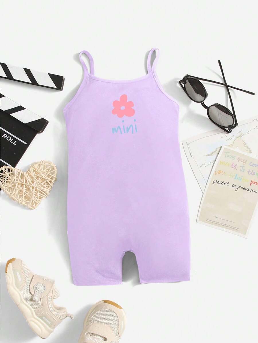 SHEIN Leap Crew 女婴休闲简约细肩带连体衣，适合夏季 - 淡紫色 - 查看 1