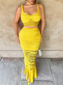 Zolique Women's Yellow Truncated Sexy Lace Contrast Mesh Vest Fishtail Long Skirt Two-Piece Vacation Set