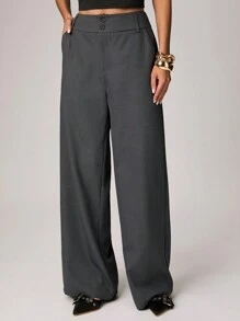 Forever 21 春季新款双腰带直筒宽松女士休闲裤 - 灰色 - 查看 6