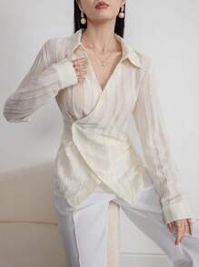Modelyn Women's Turn Down Collar Long Sleeve Single-Breasted Casual Shirt - Beige - View 5