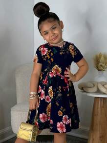 SHEIN Leap Crew SLAYR KIDS Young Girls' Casual Fashion Knitted Printed Round Neck Short Sleeve Mini Dress - Multicolor - View 1