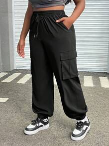 SHEIN EZwear Plus Size Women's Black Drawstring Waist Cargo Pants,Spring Summer Clothes - Black - View 5