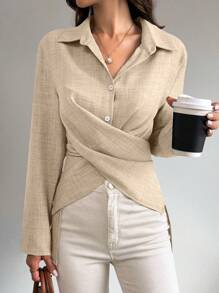 SHEIN LUNE Blus Kasual Wanita Warna Polos dengan Kerah, Kancing Depan, Atasan Lengan Panjang, Pakaian Musim Gugur untuk Wanita - Khaki - View 3