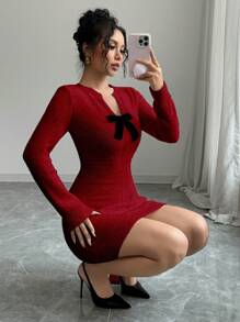 SHEIN ChicEase 2024 Autumn/Winter Fashion Elegant V-Neck Bow Design Fitted Sweet Knit Midi Dress - Burgundy - View 6