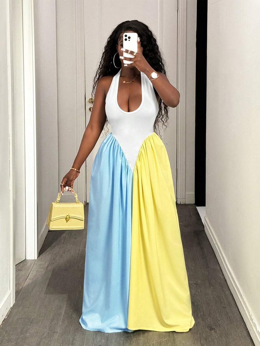 BamGleam 度假休闲性感挂脖露背 V 领无袖撞色拼接设计连衣裙女装夏季新款性感时尚修身百褶长款夏季长裙舒适连衣裙女式休闲太阳裙 - 彩色 - 查看 1