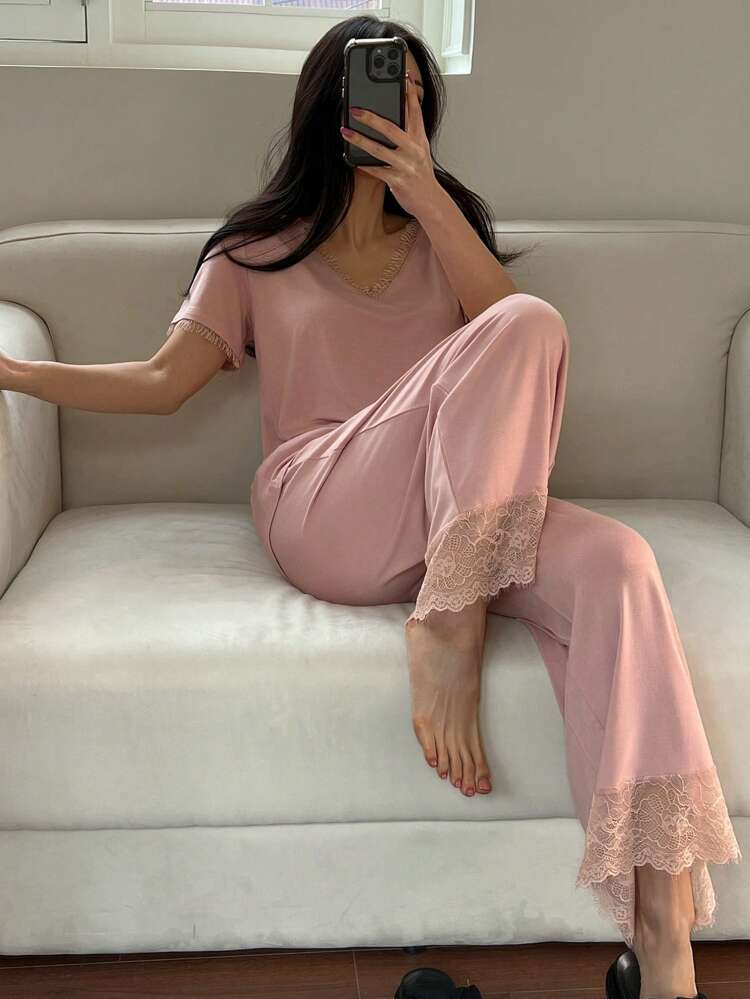 Minimalist Women's Pajama Set, Soft Knit Fabric With Lace Trim Top & Capri Pants