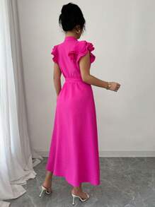 Elenzga New Solid Color Ruffle Collar Puff Sleeve Cinched Cinched Waist Shift Dress For Women - Hot Pink - View 2
