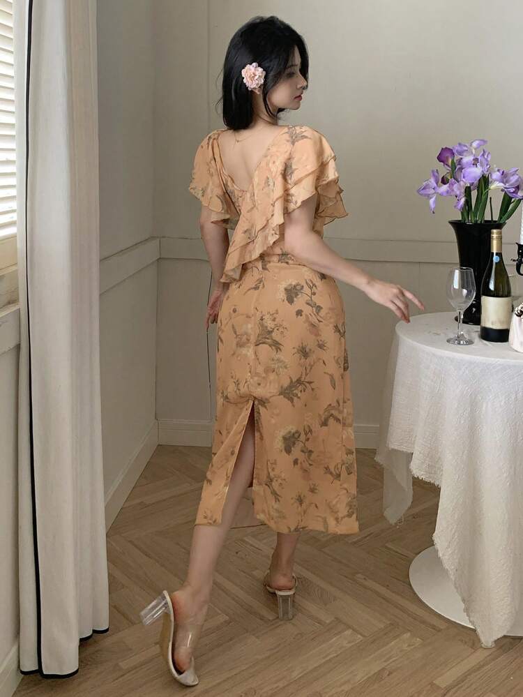 Elegant Floral Print V-Neck Asymmetric Ruffle Trim Midi Dress For Women, Summer Easter Cocktail Dress