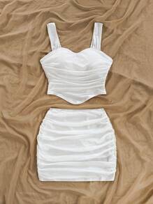 Soleia 2pcs/Set Sexy Sweetheart Neck Sleeveless Crop Top And Skirt, Date & Valentine's Day Outfit