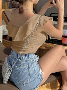 DAZY Crop top estivo da donna con volant a colore unito di