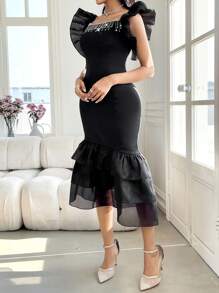 Modelyn Women's Rhinestone Tassel Design Flutter Sleeves Elegant Mermaid Dress - Black - View 5