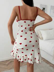 RueChic Women Cotton Soft Touch Contrast Colour Piping &Heart Pattern&Striped With Ruffle Detail Homewear Lounge Dress - Red and White - View 2