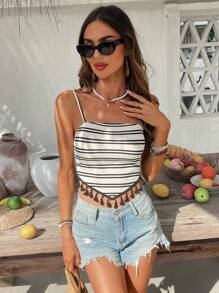 SHEIN VCAY Women's Summer Knit Striped Cropped Slim Fit Camisole Fringe Tassel Hem Camisole Top  Summer Outfits For Women Tank Tops Women Crop Tops Women Going Out Tops Women Summer Tops Women Vacation Top Boho Top  Hippie Clothing  Hawaiian Top