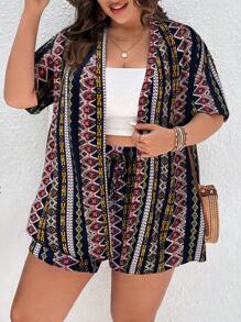 SHEIN VCAY Plus Geo Print Open Front Summer Kimono & Shorts - Navy Blue - View 5