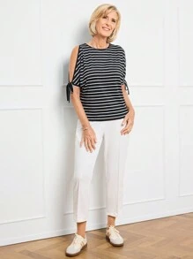 SHEIN LUNE Women's Striped Open Shoulder Loose Casual T-Shirt - Black and White - View 3