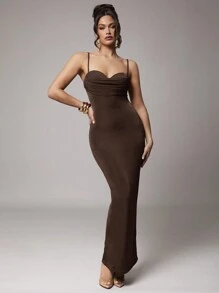 Silquee Women's Elegant Summer Maxi Dress,Dark Brown Stretchy Knit Spaghetti Strap Ruched Night Out Party Dress,Formal Wedding Cocktail Gala Gown - Coffee Brown - View 3