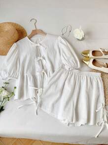 SHEIN Comfortcana 2 件套白色编织系带短袖女式衬衫和短裤 - 白色 - 查看 6