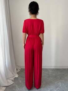 Elenzga New Puff Sleeve Short Sleeve Tied Cinched Waist Long Wide Leg Jumpsuit For Women