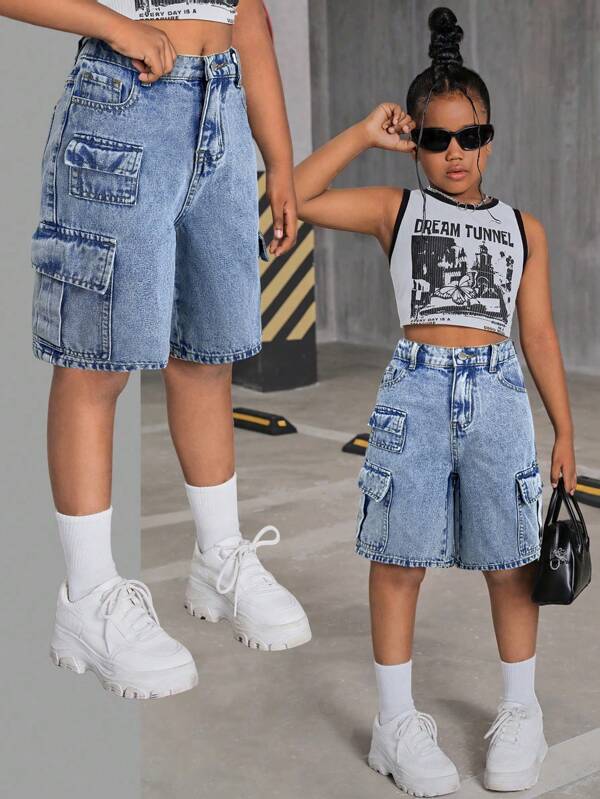 SHEIN Tween Girls Y2K Fashionable Stonewashed High Waist Flap Pocket Baggy Denim Cargo Jeans Long Shorts,Tween Girl Back To School Spring Summer Clothes Outfits,Versatile Style,Girls Summer Clothes Back To School Streetwear Outfits,Beach Boho Concert Loose Fit Baggy Shorts Rave Outfits Festival,Graduation Outfit